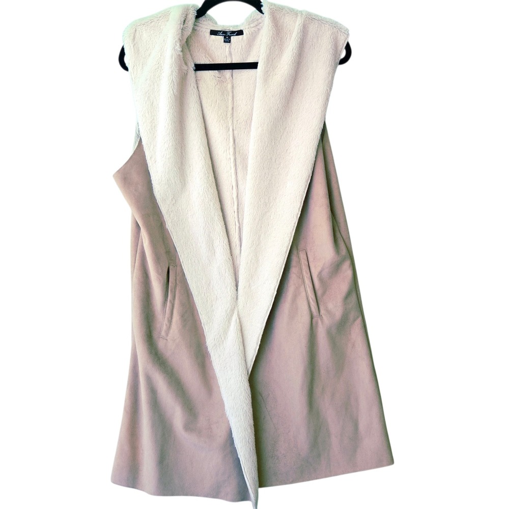 Anne French Tan Faux Suede Faux Fur‎ Lined Draped Open Front Long Vest Mens M